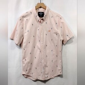 Hollister Flamingo Print Stripped Button Shirt Mens L Orange Hawaiian Beach